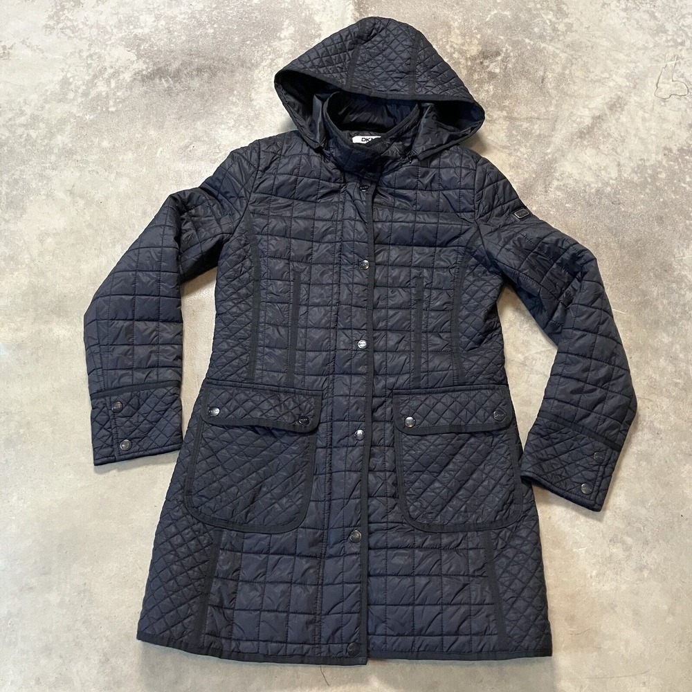 DKNY Jacket Womens‎ Size Small Black Quilted Hooded Coat Mid Length Lightweight